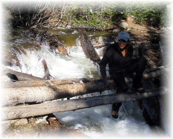 Rebekka doesn't get wet; there's ice on the lower log!