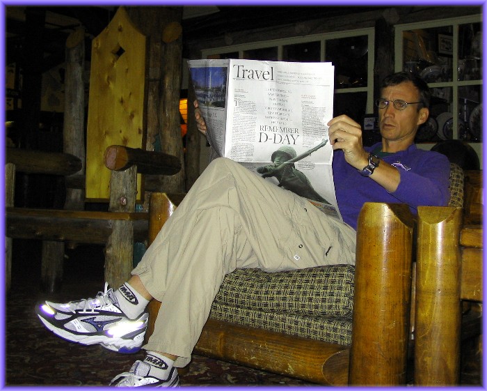 Steve Bremner reading Denver Post in Paradise Lodge, Mt Rainier
