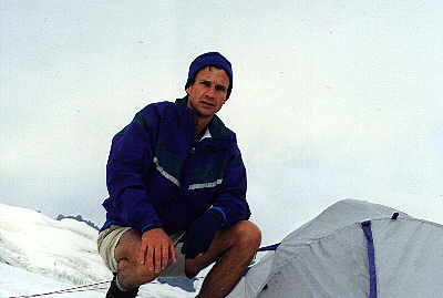 Steve by tent on the Sulphide Glacier
