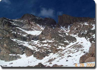 Keplinger's Couloir to the right side of photo (note notch in middle right , Longs summit to the left)