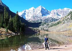 Maroon Lake with Maroon Bells (my route is the NE Ridge with shadow to its right)